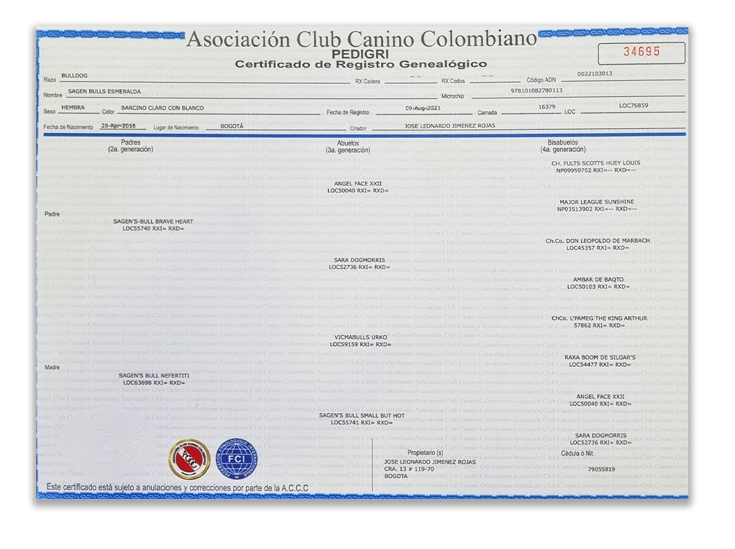 Certificado de pedigree de Colombia